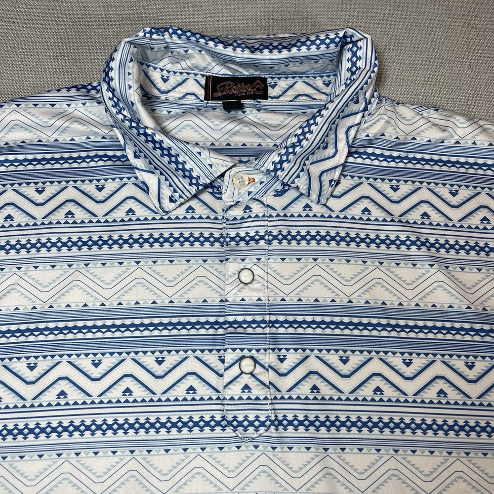 Rafter C Polo Shirt Mens 2XL Blue Southwestern Aztec Stretch Pearl Snap Western - Picture 2 of 7
